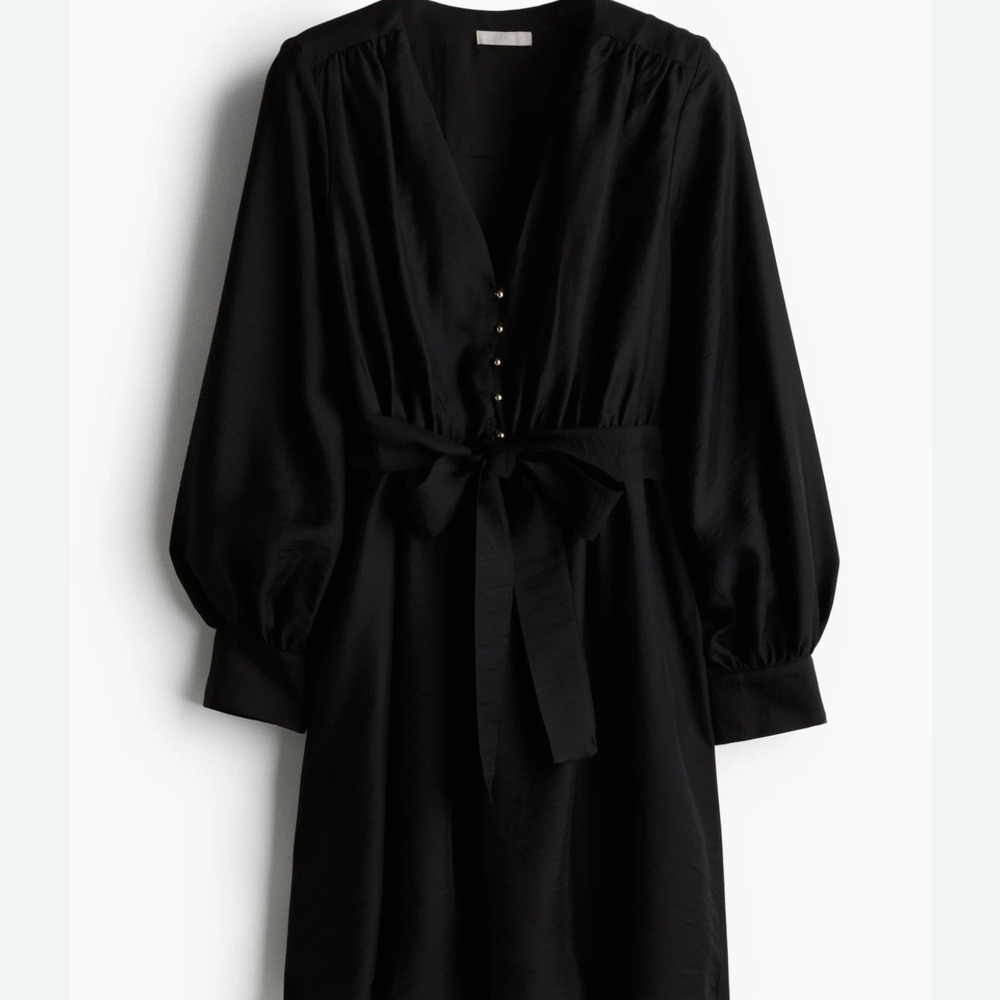 H&M Black Tie Dress XL Balloon Sleeve Tencel Gold Button Loose Whimsigoth Fairy